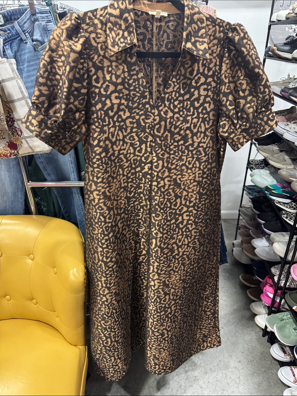 Brown Leopard Print Puff-Sleeve Dress